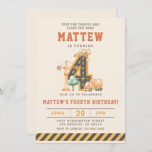 Construction Vehicles 4th Birthday Invitation (Devant / Derrière)