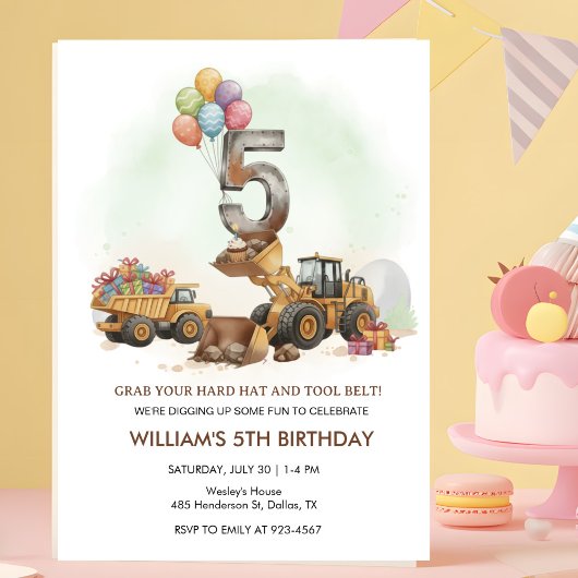 Construction Vehicles 5th Birthday Invitation