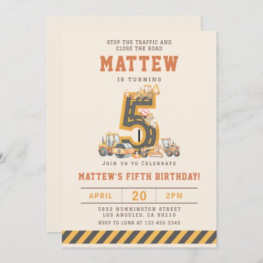 Construction Vehicles 5th Birthday Invitation (Devant / Derrière)