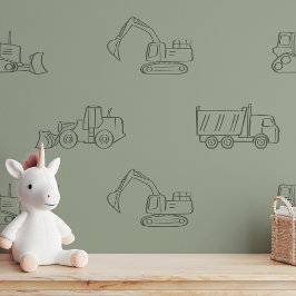 Construction Vehicles Builder Boy Truck Sage Green Behang
