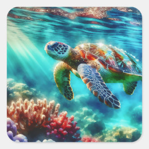 Contact houden Zee schildpad zwemmen Vierkante Sticker