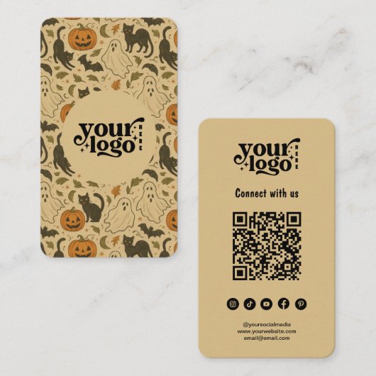 Contact opnemen met ons QR Code Retro Spooky Hallo Visitekaartje (Voorkant / Achterkant)