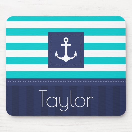 Contemmodern Aqua Navy Blue Anchor Personalized Muismat (Voorkant)