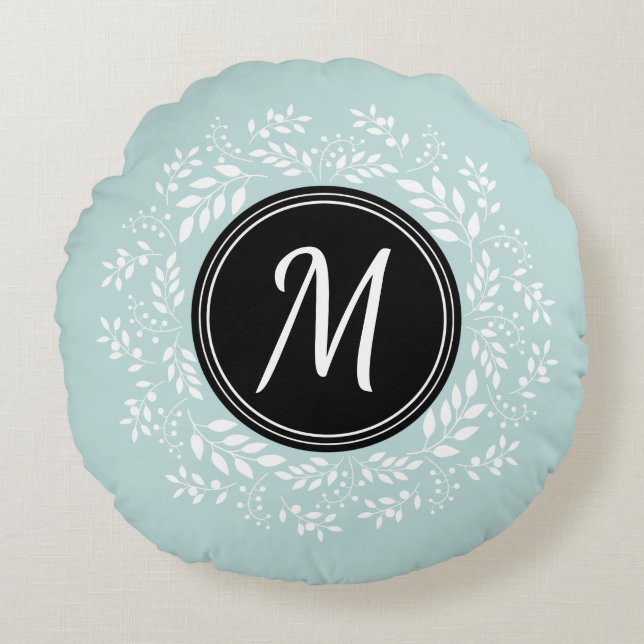 Contemmodern Light Blue Floral Wreatmonogram Rond Kussen (Voorkant)