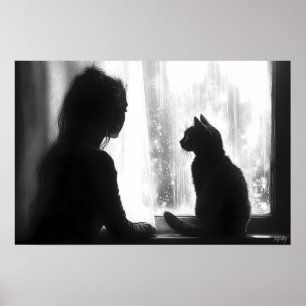 Contemplatieve vrouw met kat in de regen bij het r poster