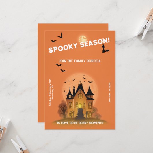 Convite Festa de Haloween Laranja com Mansão Kaart (Voorkant / Achterkant in situ)