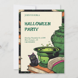 Convite Festa Halloween Caldeirão e Gato Preto Kaart
