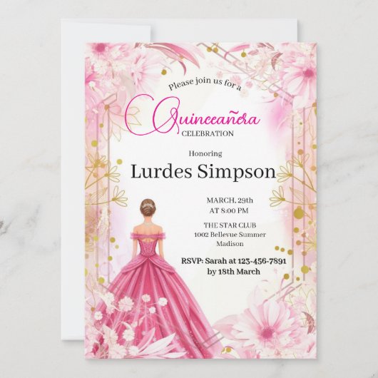 Convite  Quinceañera invitation  Floral Pink (Devant)