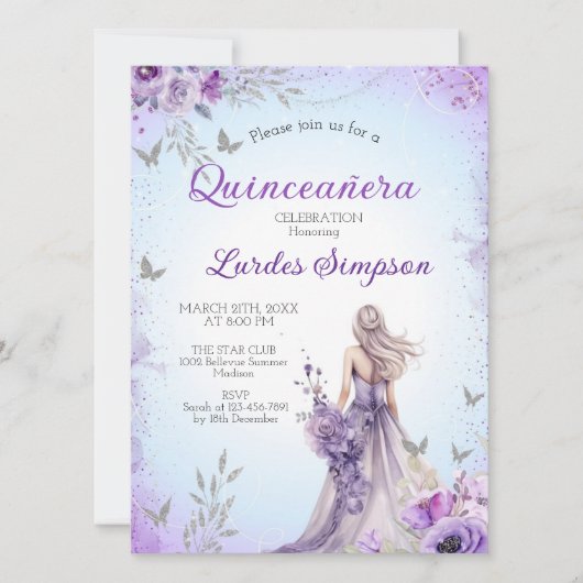 Convite  Quinceañera invitation Purple and Silver (Devant)