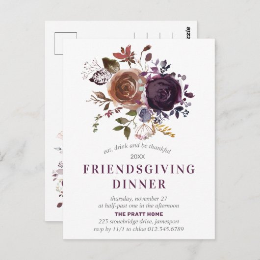 Convivial Boho Rustique Purple Floral Invitation (Devant / Derrière)