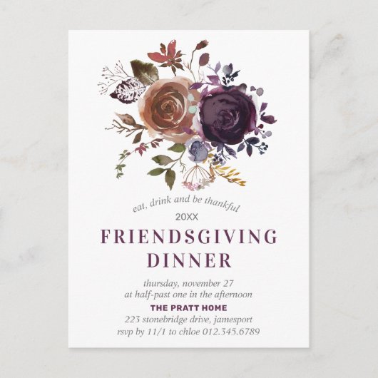 Convivial Boho Rustique Purple Floral Invitation (Devant)
