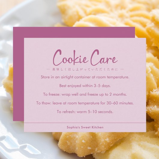Cookie Care Instructions Pink Simple Typography Bedankkaart