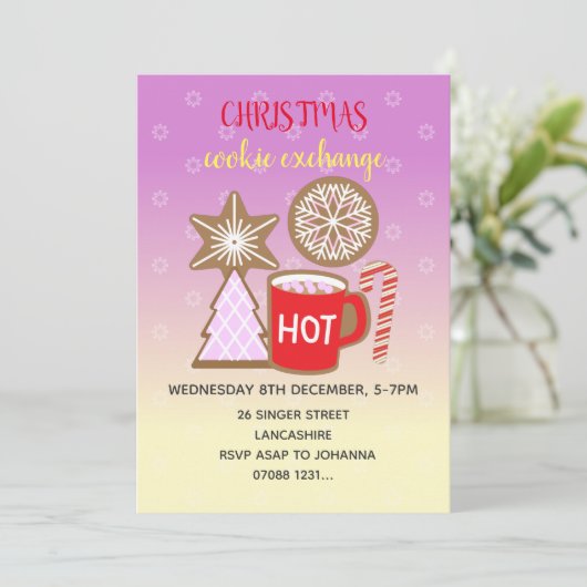 Cookie Exchange Hot Mok kerstparty uitnodiging (Staand voorkant)