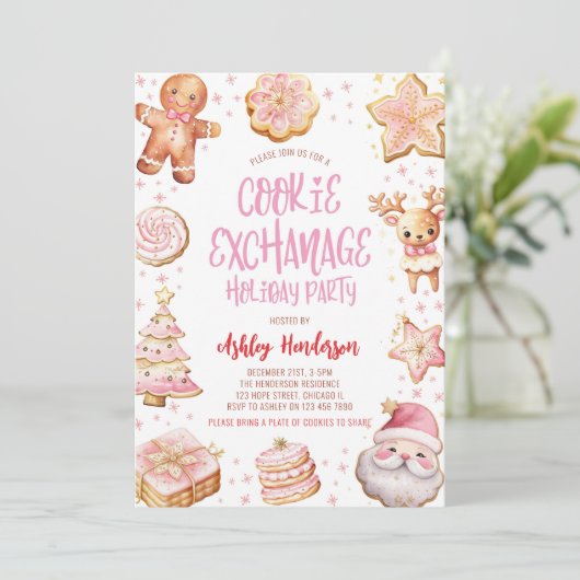 Cookie Exchange Roze Kerstfeest Kaart (Staand voorkant)