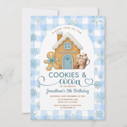 Cookies & Cocoa Birthday Blue Snowflakes Gingham Kaart (Voorkant)