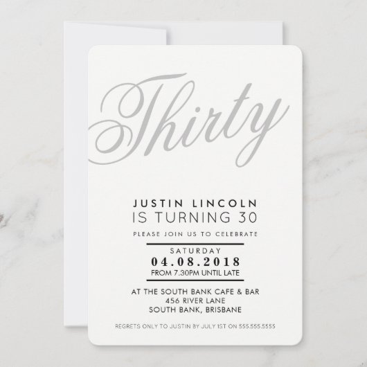 COOL 30E verjaardagsfeest INVITE script grijs zwar Kaart (Voorkant)