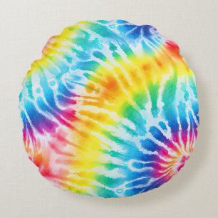 Cool Aqua Blauw Geel Rood Sinaasappel Tie Dye Rond Kussen