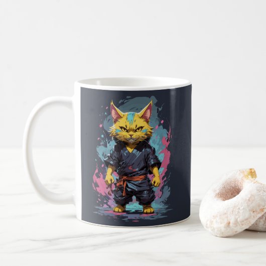 Cool Aquarel Gele Ninja Kat Krijger Koffiemok (Met donut)