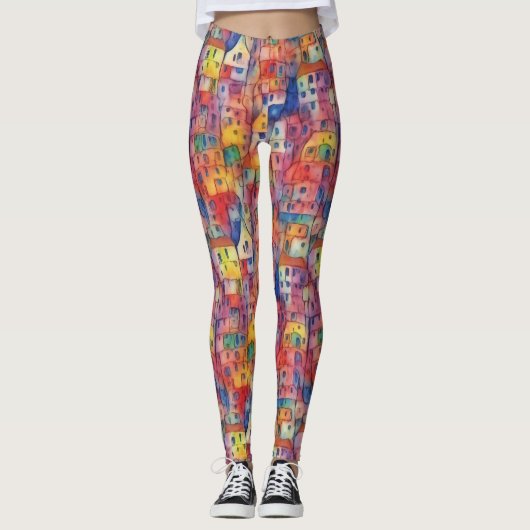 Cool Artsy Kleurrijke City House Waterverf Pattern Leggings (Voorkant)