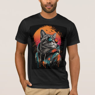 Cool astronaut kat retro zonsondergang T-shirt