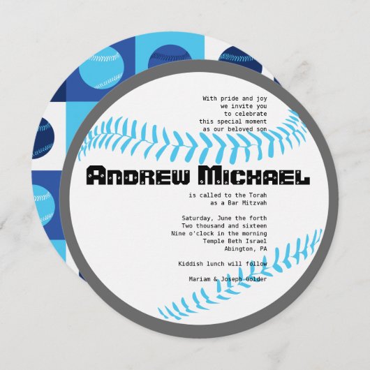 COOL BASEBALL Bar Mitzvah ROUND Invitation (Devant / Derrière)