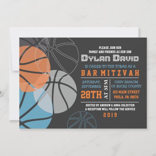 COOL BASKETBAL Bar Bat Mitswa Uitnodiging Uitnodig (Voorkant)
