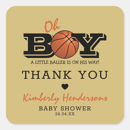 Cool Basketball "Oh Boy" Baby shower Dank u Vierkante Sticker (Voorkant)