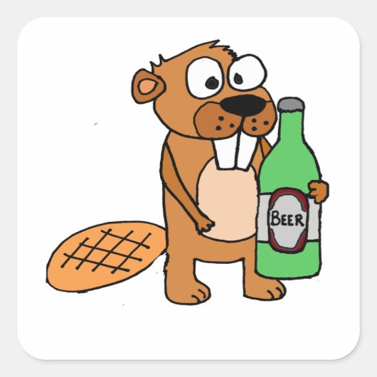 Cool Beaver Drink Bier Cartoon Vierkante Sticker (Voorkant)