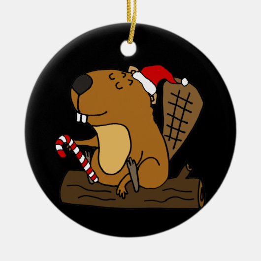 Cool Beaver in Santa hat kerstCartoon Keramisch Ornament (Voorkant)