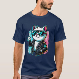 Cool Biker Cat Retro Lederen Jas & Zonnebril T-shirt