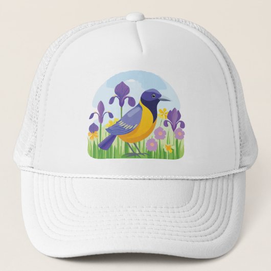 Cool Bird met Iris Flowers Graphic Trucker Pet (Voorkant)