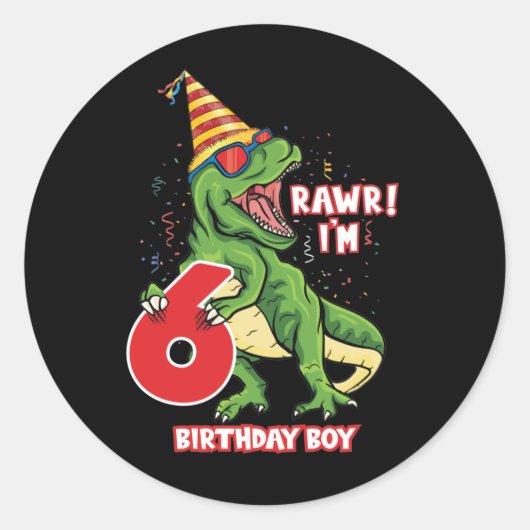 cool Birthday dinosaur jongens van zes jaar Ronde Sticker (Voorkant)