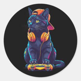 Cool Black Cat Gamer Halloween Spooky Design Ronde Sticker