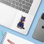 Cool Black Cat Gamer Halloween Spooky Design Sticker (Laptop met iPhone)