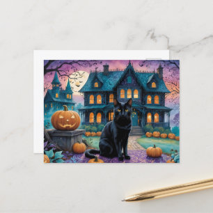 Cool Black Cat, Jack O Lanterns, Spooky House Feestdagenkaart