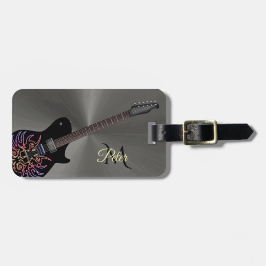 Cool Black Fiery Guitar Monogram Bagagelabel (Voorkant horizontaal)