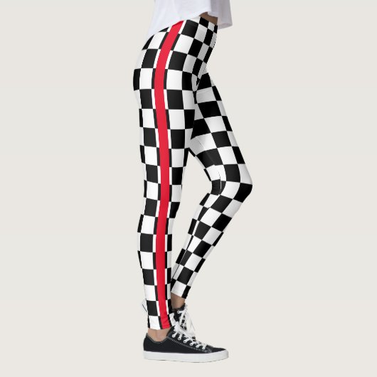 Cool Black White Checkered Flag Pattern Red Stripe Leggings (Rechts)