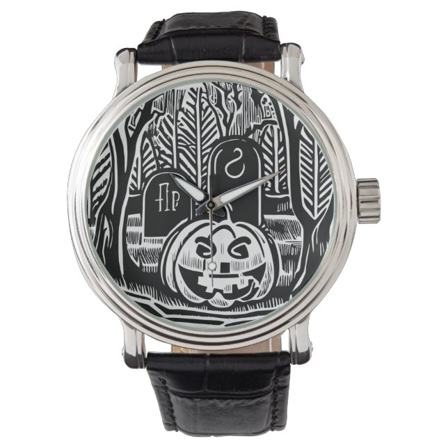 Cool Black White Halloween Pumpkin Cemetery Art Horloge (Voorkant)
