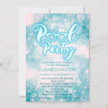 Cool blauw script zwembad party bokeh verjaardag