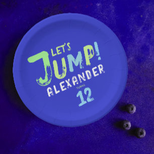 Cool Blue Boy Trampoline Jump Kind Bounce Party Papieren Bordje