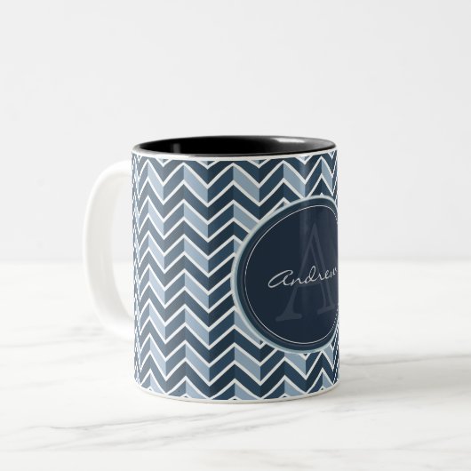 Cool Blue Chevron Pattern Monogram Tweekleurige Koffiemok (Voorkant links)