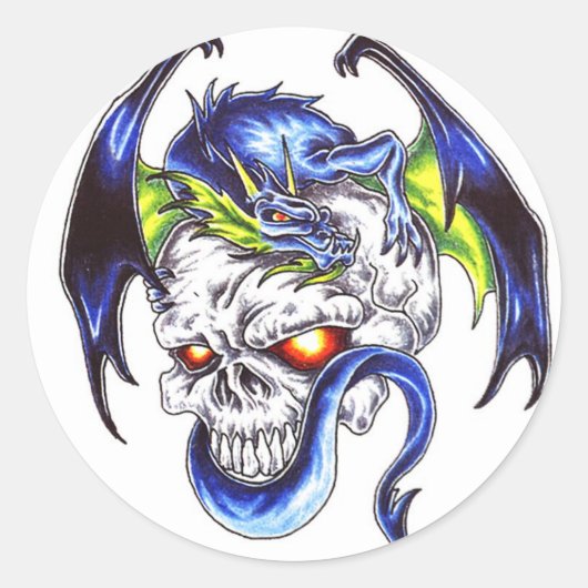 Cool Blue dragon en schedel tattoo stijl sticker (Voorkant)