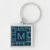 Cool Blue Geometric Grid Pattern Monogram Sleutelhanger (Voorkant)