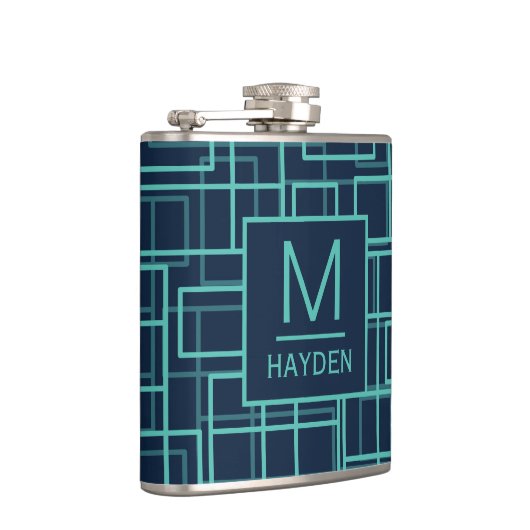 Cool Blue Geometric Grid Pattern Monogrammed Flask Heupfles (Rechts)