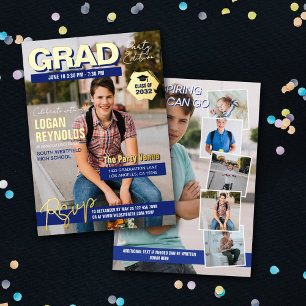 Cool Blue Gold Fotos Tijdschrift Omslag Afstuderen Folie Uitnodiging