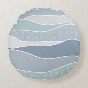 Cool Blue Green Curved Stripes Abstracte golven Rond Kussen