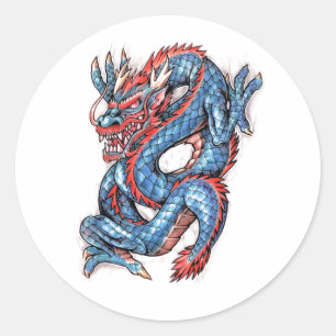 Cool Blue Oriental Dragon Tattoo Ronde Sticker
