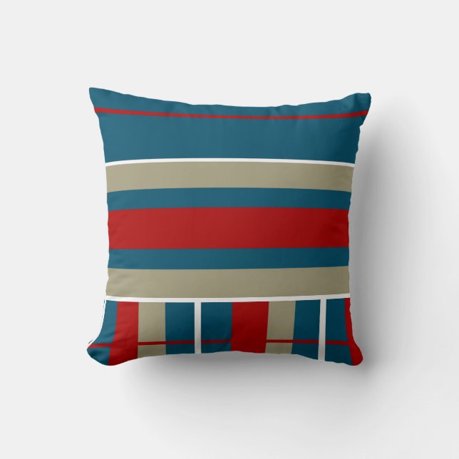Cool Blue Red Tan White Striped Pattern Nautical Kussen (Voorkant)