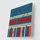 Cool Blue Red Tan White Striped Pattern Nautical Vierkante Klok (Hoek)