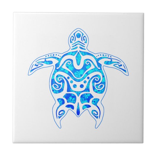 Cool Blue Tribal Turtle Tegeltje (Voorkant)